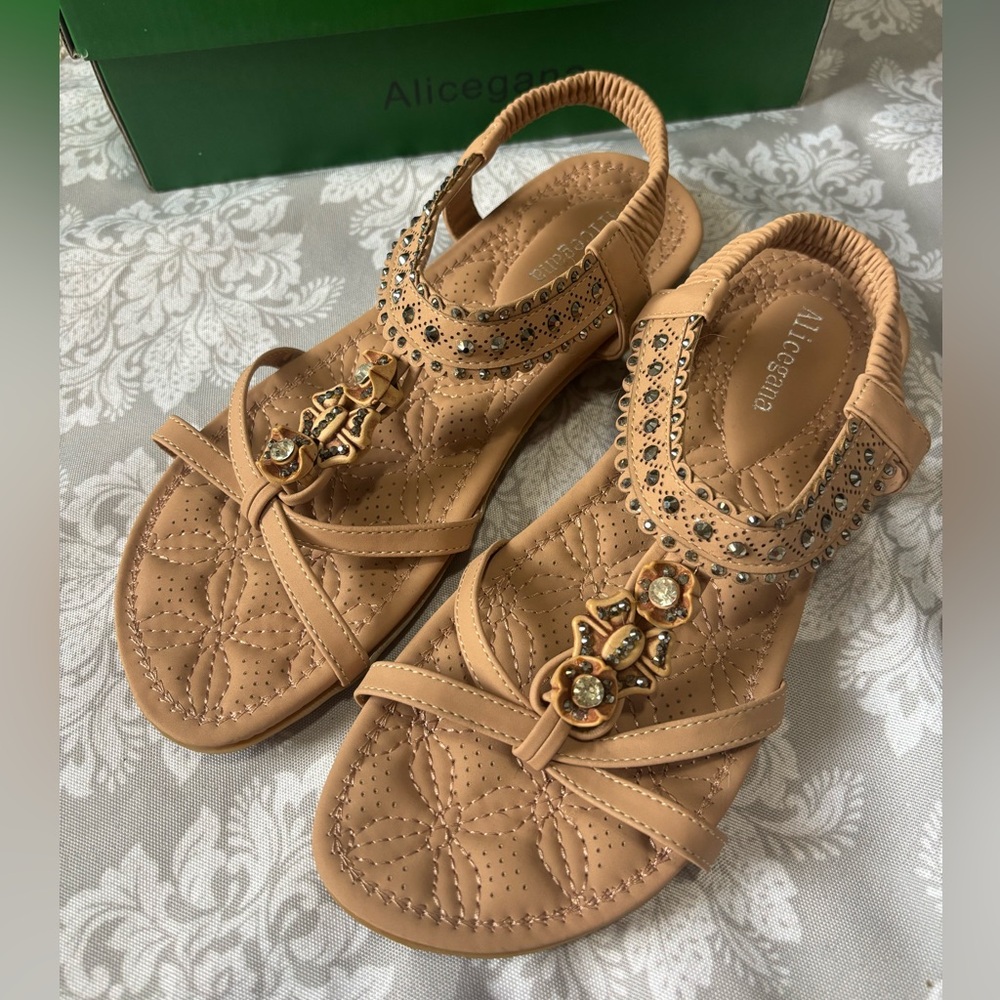 Tan Women's Sandals With Rhinestones